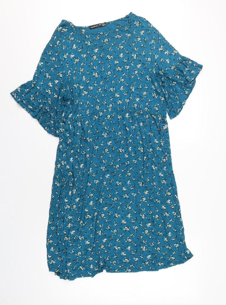 Boohoo Womens Blue Floral Viscose A-Line Size 16 Round Neck Pullover