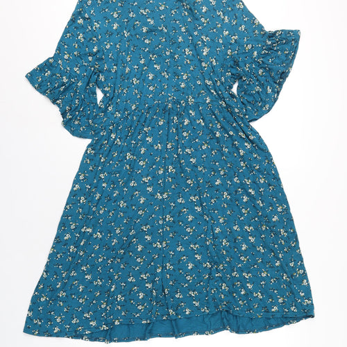 Boohoo Womens Blue Floral Viscose A-Line Size 16 Round Neck Pullover