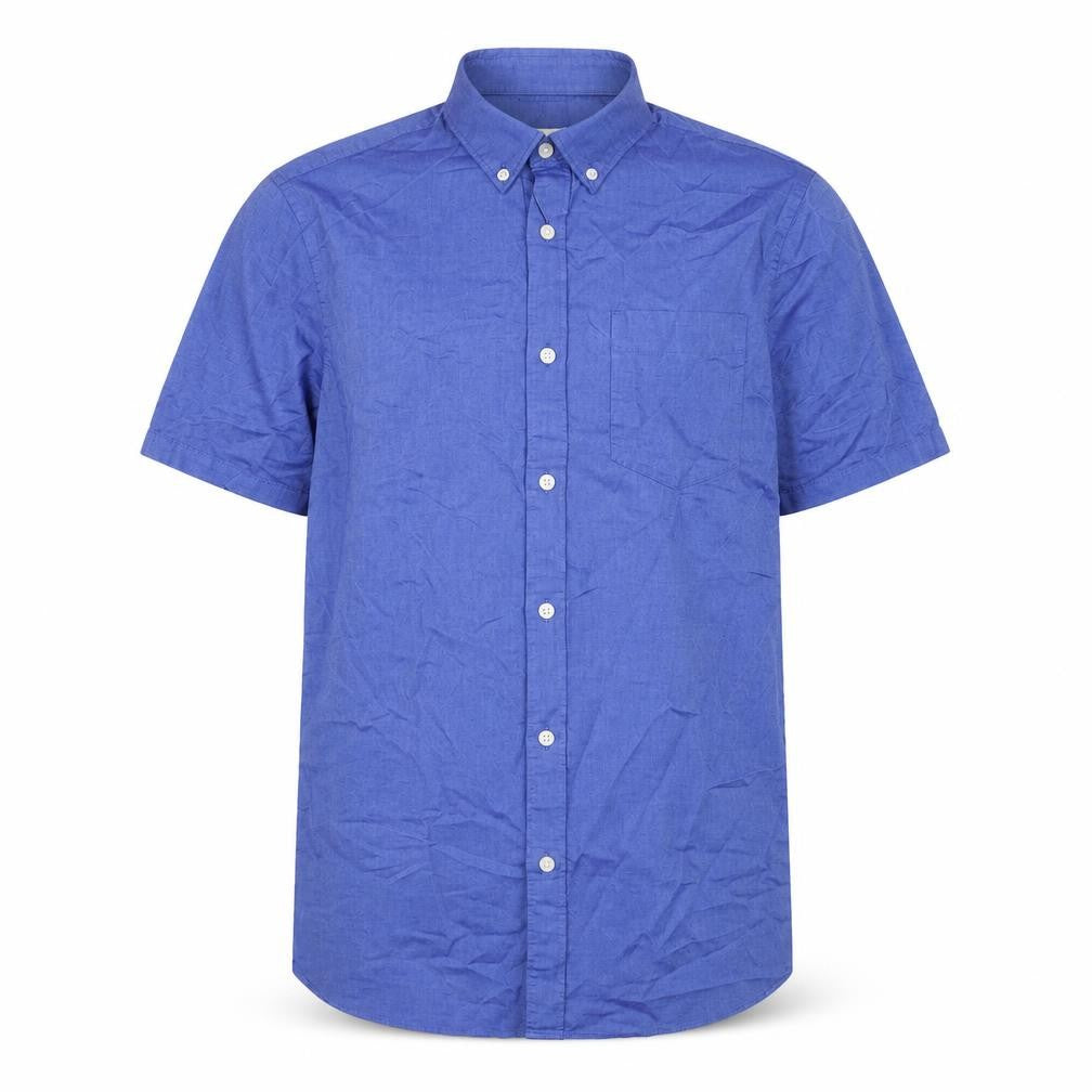Front view of Marks & Spencer men’s blue cotton button-up, size M, collared button