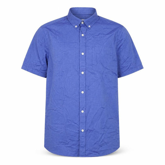Front view of Marks & Spencer men’s blue cotton button-up, size M, collared button