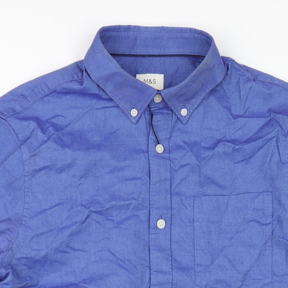 Marks and Spencer Mens Blue Cotton Button-Up Size M Collared Button