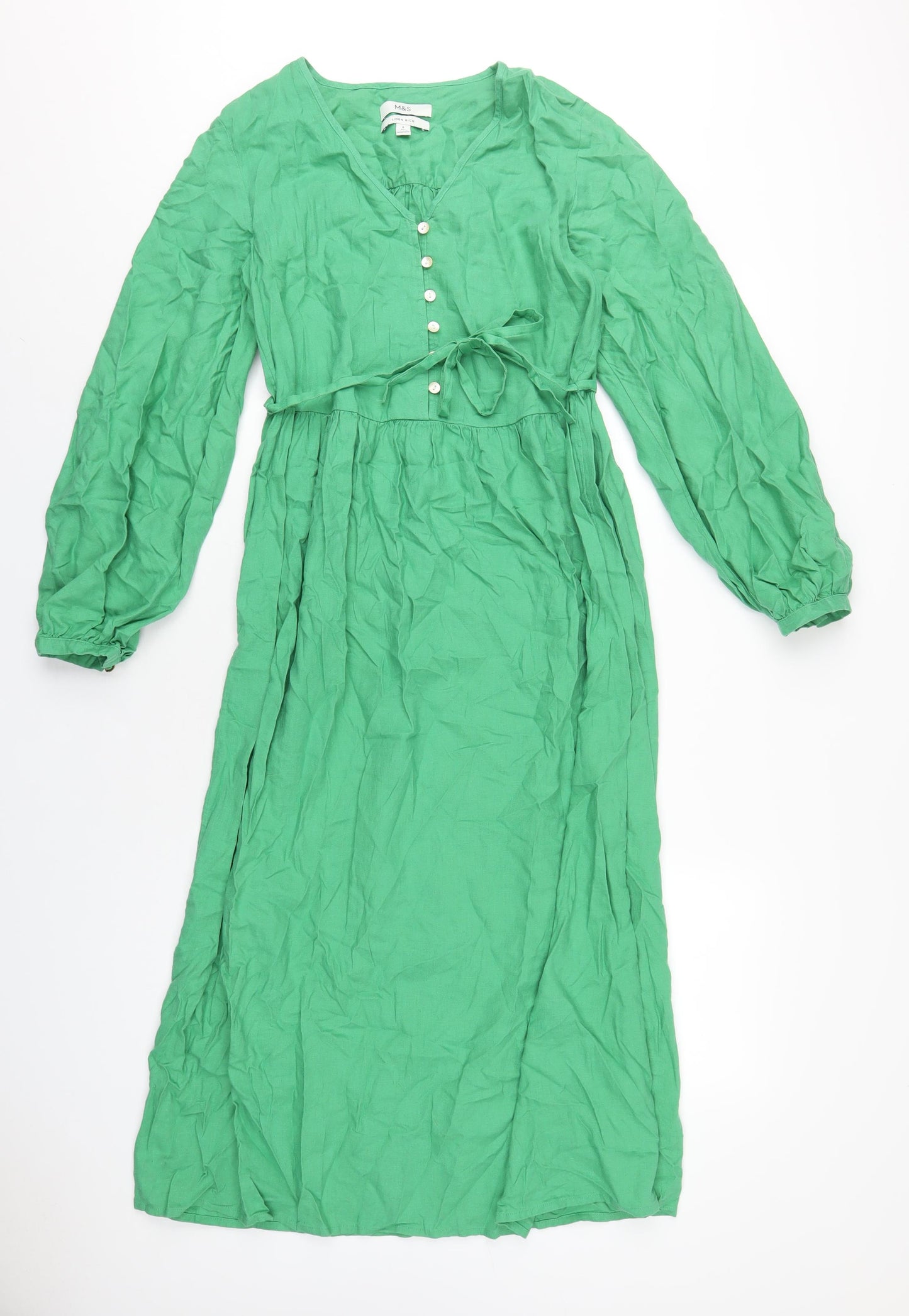 Marks and Spencer Womens Green Linen A-Line Size 8 Round Neck Button