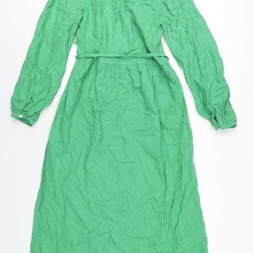 Marks and Spencer Womens Green Linen A-Line Size 8 Round Neck Button