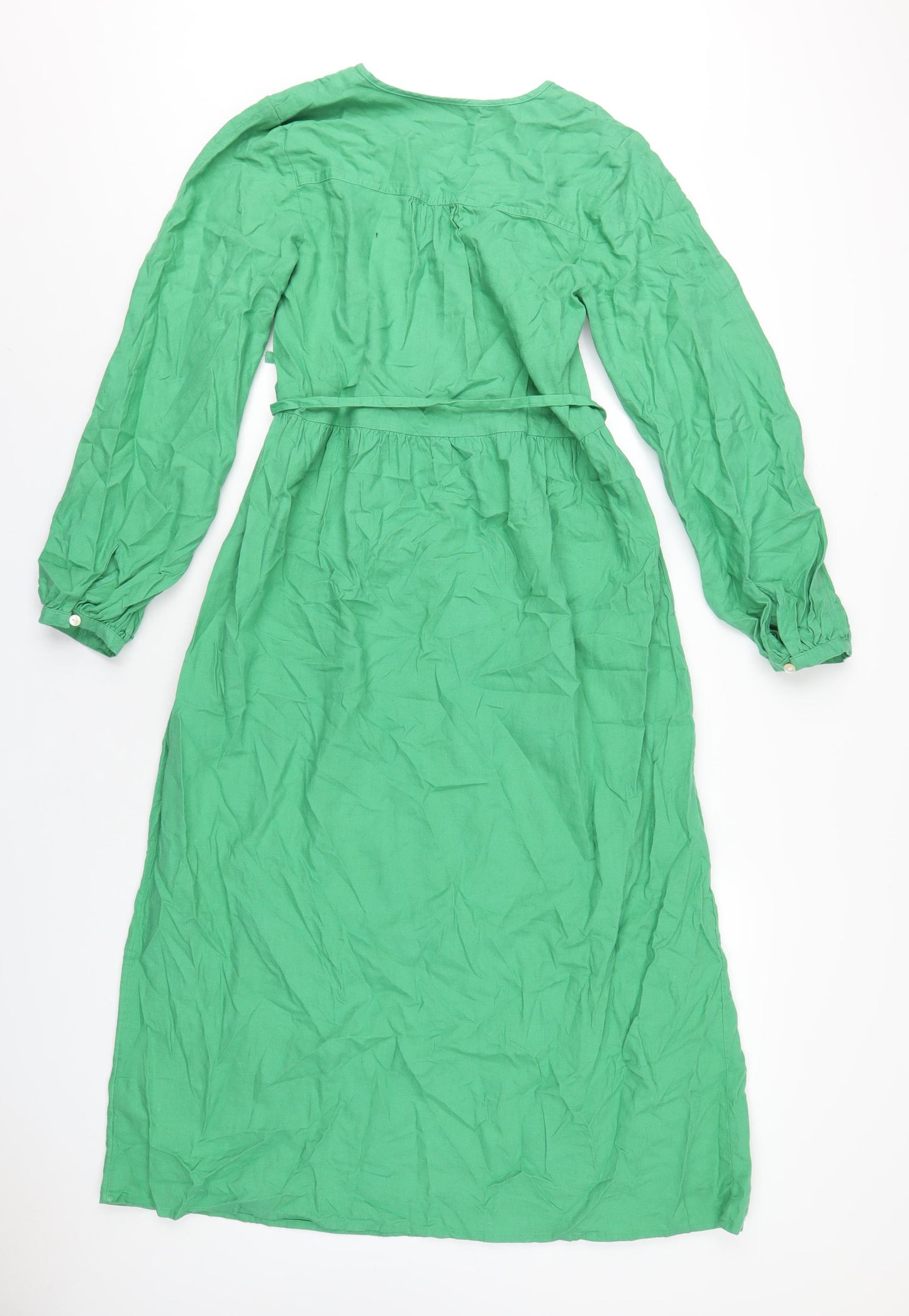 Marks and Spencer Womens Green Linen A-Line Size 8 Round Neck Button