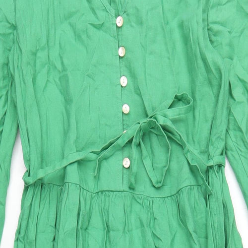 Marks and Spencer Womens Green Linen A-Line Size 8 Round Neck Button