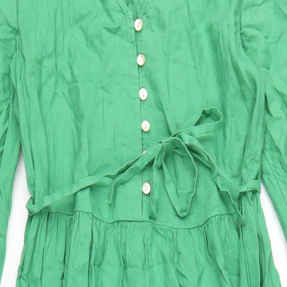 Marks and Spencer Womens Green Linen A-Line Size 8 Round Neck Button