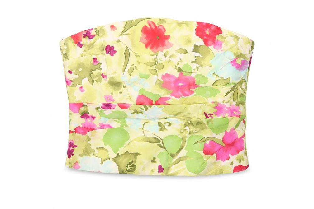 Front view of Minuet women’s multicoloured floral silk cropped blouse, size UK 10, square neck