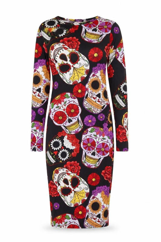 Front view of Boohoo women’s multicoloured geometric polyester bodycon, size UK 10, round neck pullover