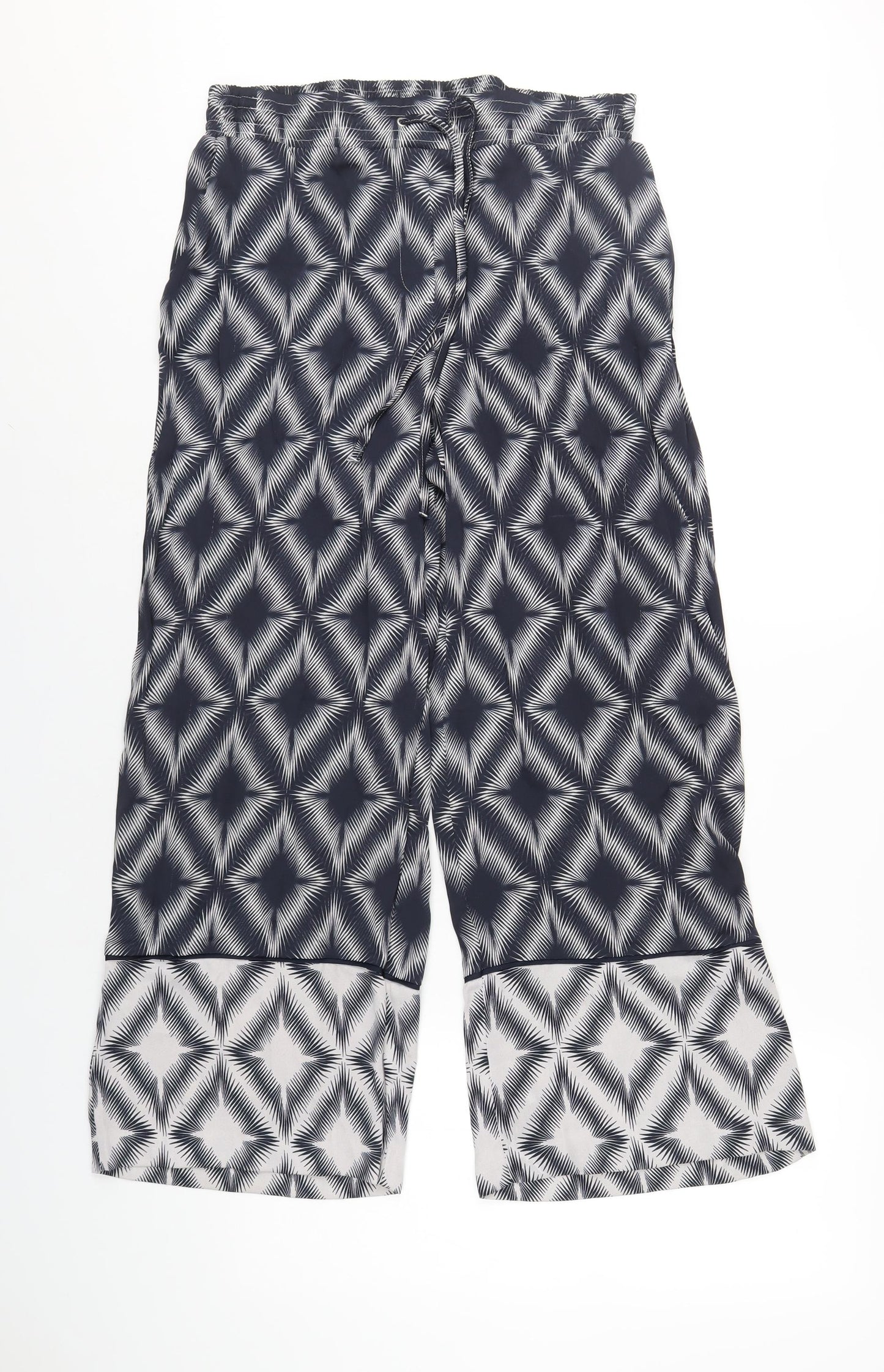 Marks and Spencer Womens Blue Geometric Polyester Trousers Size 14 L29 in Regular Drawstring