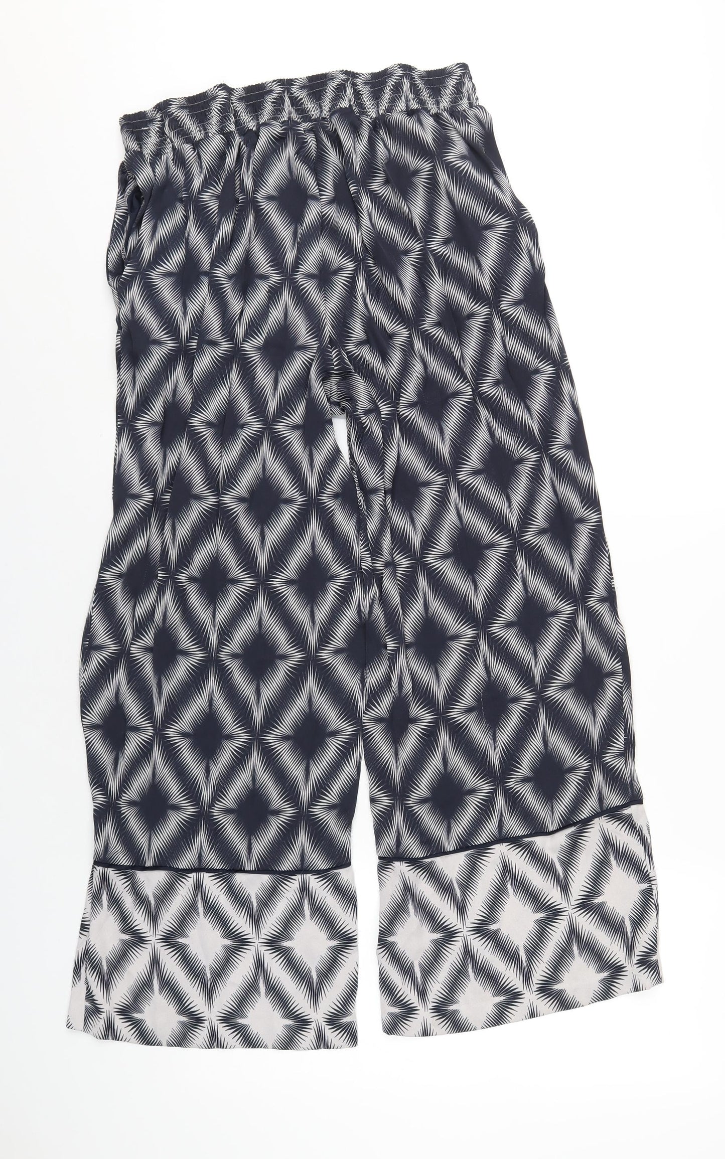 Marks and Spencer Womens Blue Geometric Polyester Trousers Size 14 L29 in Regular Drawstring