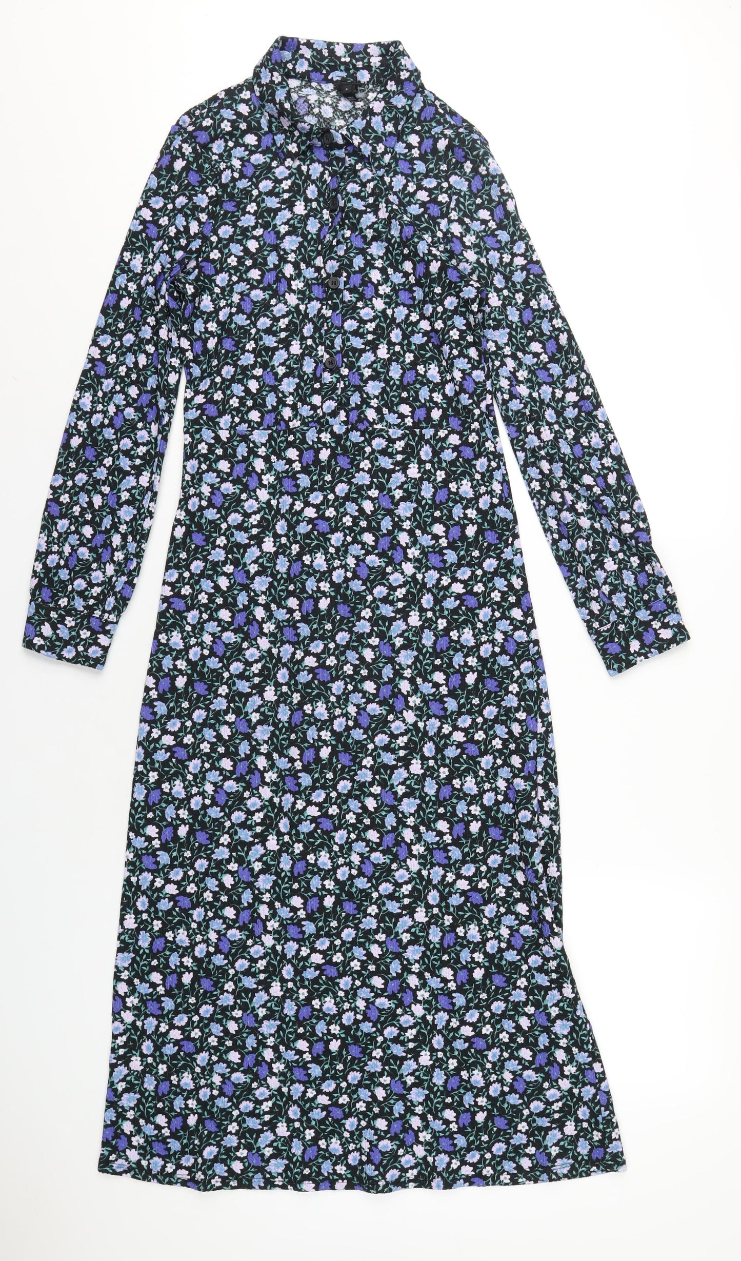River Island Womens Blue Floral Polyester A-Line Size 8 Collared Button