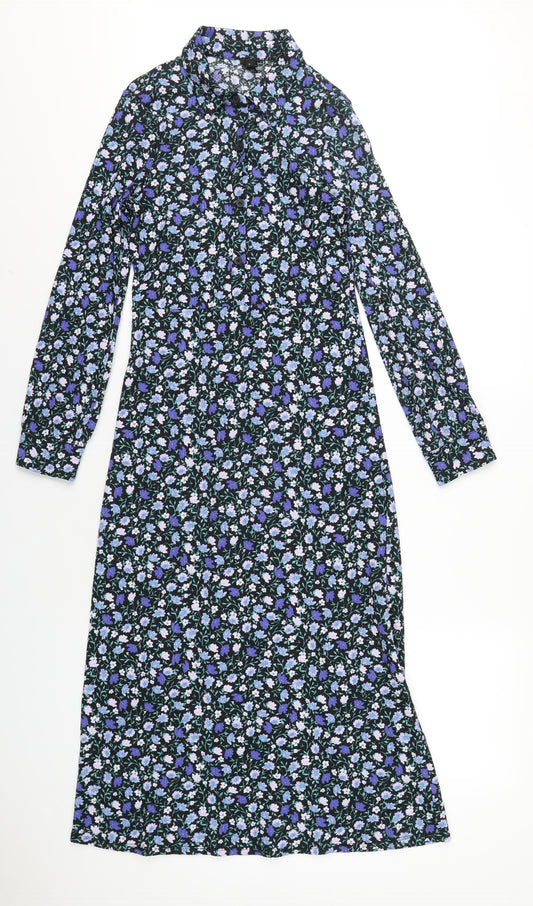 Front view of River Island women’s blue floral polyester a-line, size UK 8, collared button