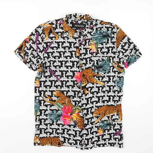 Reason Mens Multicoloured Geometric Viscose Button-Up Size M Collared Button