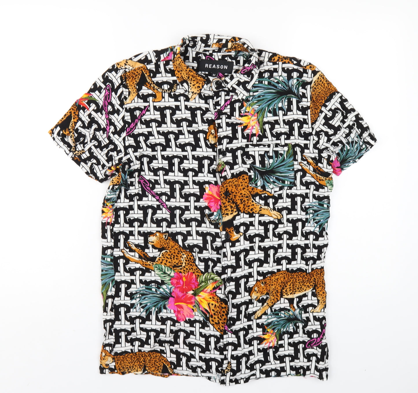 Reason Mens Multicoloured Geometric Viscose Button-Up Size M Collared Button