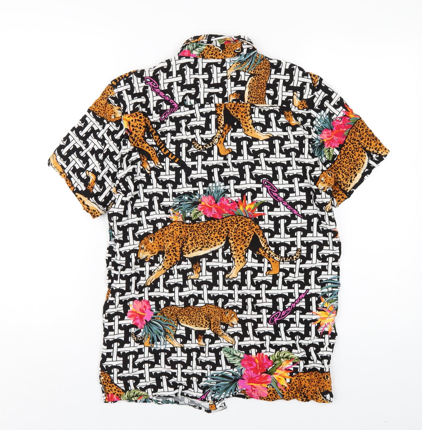 Reason Mens Multicoloured Geometric Viscose Button-Up Size M Collared Button