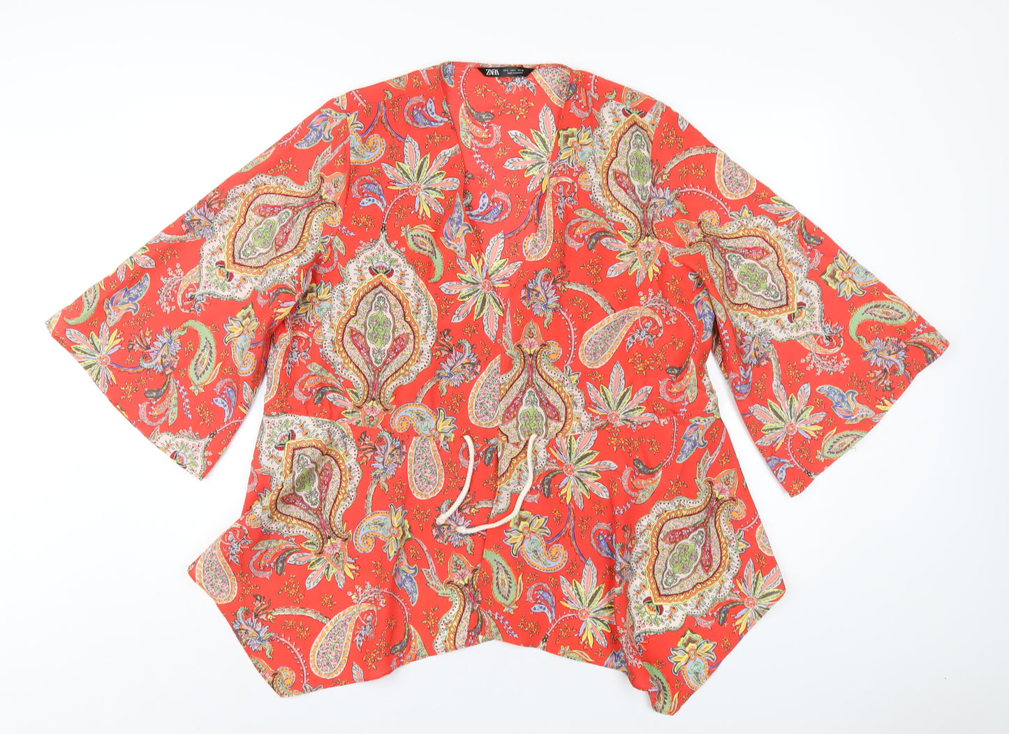 Zara Womens Red Paisley Polyester Basic T-Shirt Size L V-Neck