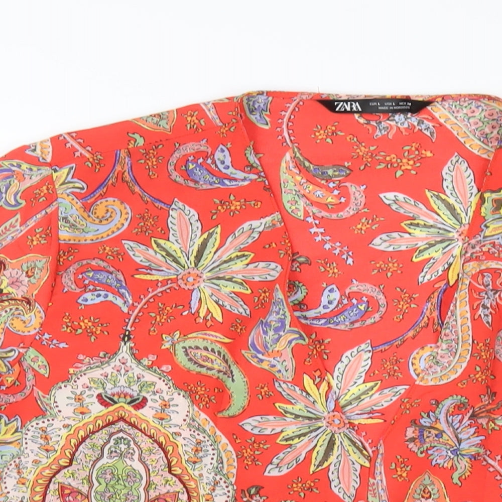Zara Womens Red Paisley Polyester Basic T-Shirt Size L V-Neck