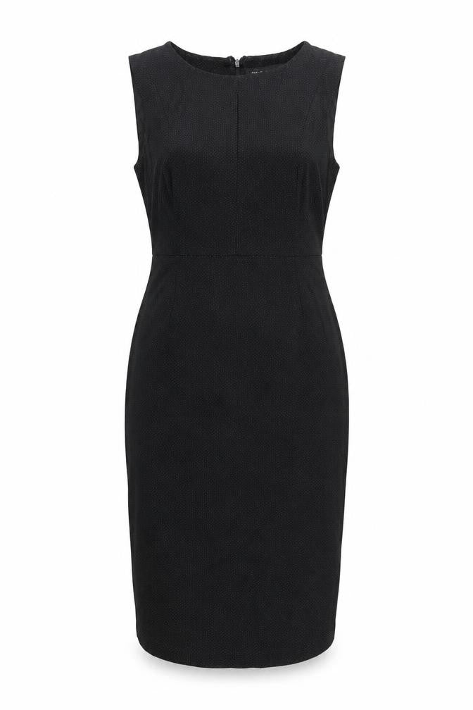 Front view of Next women’s black polka dot polyester pencil dress, size UK 8, round neck zip