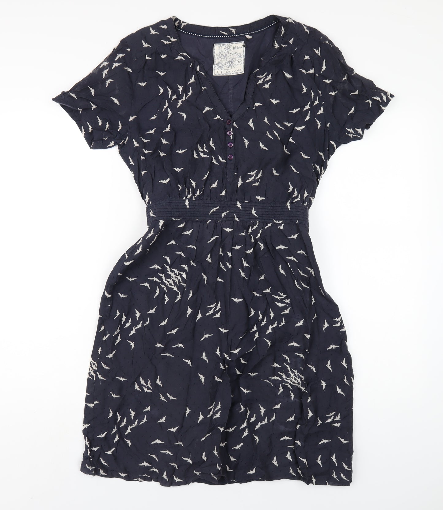 Fat Face Womens Blue Geometric Cotton A-Line Size 12 V-Neck Pullover