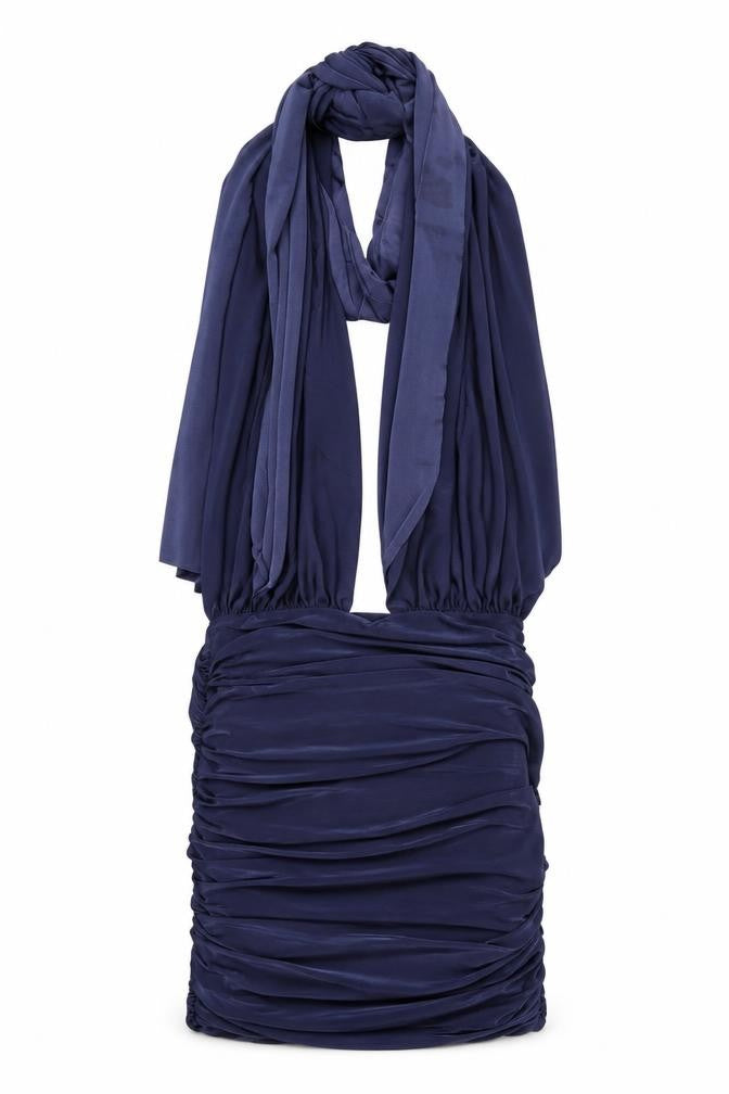Front view of Missguided women’s blue polyester bodycon, size UK 8, halter tie