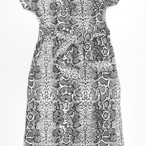 Boohoo Womens Black Animal Print Polyester A-Line Size 8 Round Neck Button