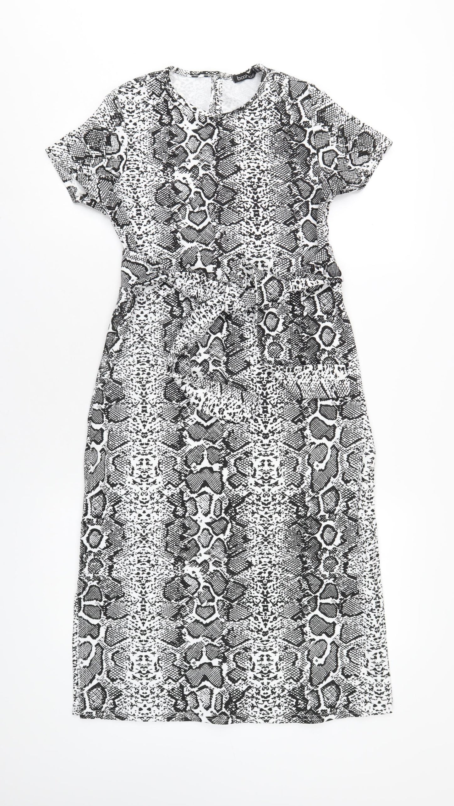 Boohoo Womens Black Animal Print Polyester A-Line Size 8 Round Neck Button