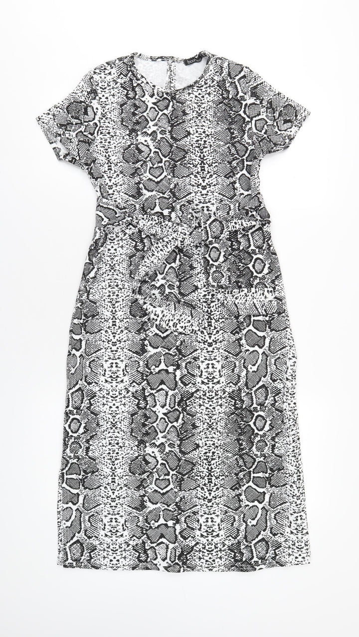 Boohoo Womens Black Animal Print Polyester A-Line Size 8 Round Neck Button