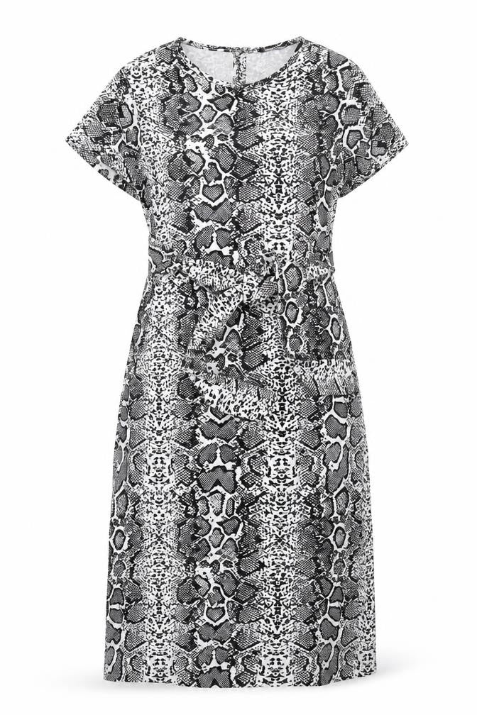 Front view of Boohoo women’s black animal print polyester a-line, size UK 8, round neck button