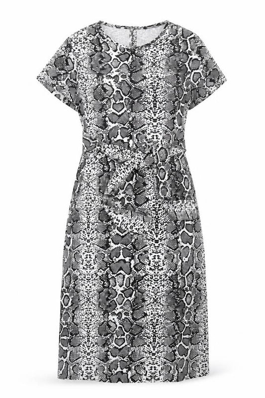 Front view of Boohoo women’s black animal print polyester a-line, size UK 8, round neck button