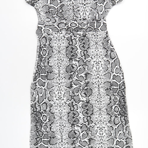 Boohoo Womens Black Animal Print Polyester A-Line Size 8 Round Neck Button