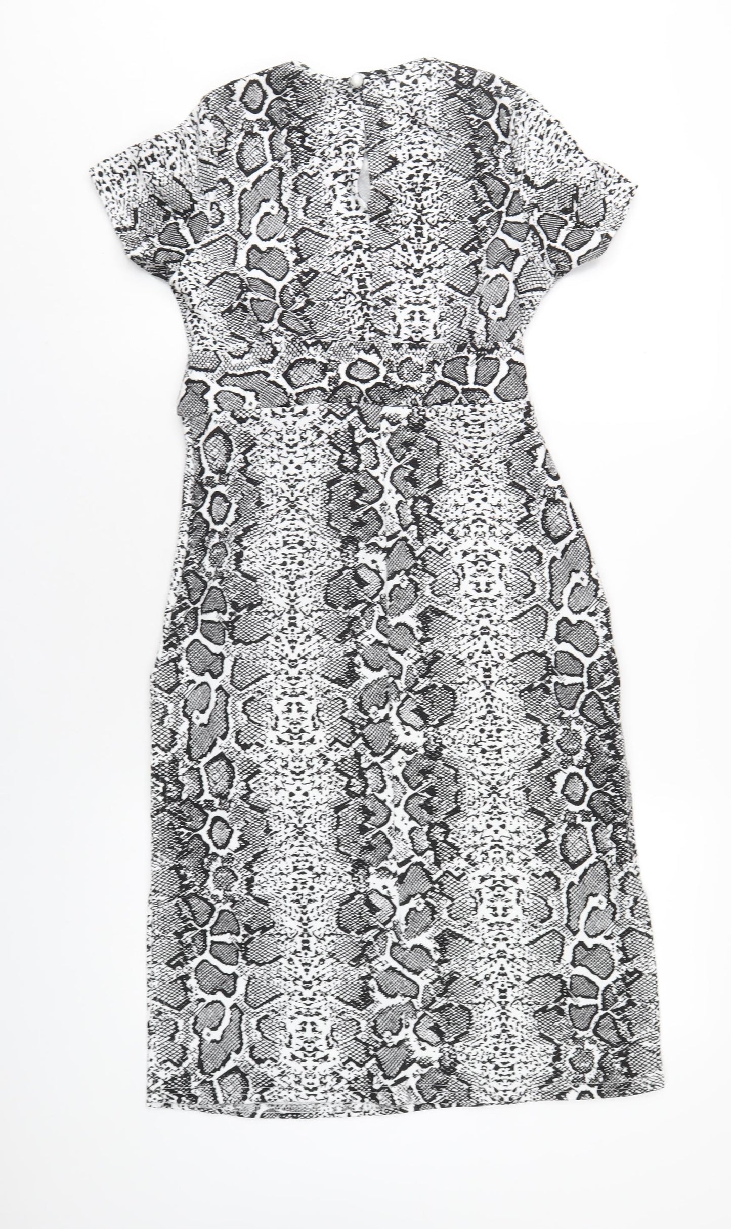 Boohoo Womens Black Animal Print Polyester A-Line Size 8 Round Neck Button