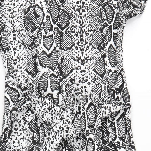Boohoo Womens Black Animal Print Polyester A-Line Size 8 Round Neck Button