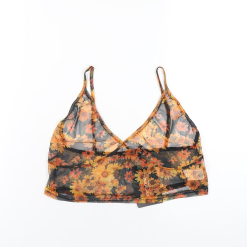 PRETTYLITTLETHING Womens Orange Floral Polyester Cropped T-Shirt Size 14 V-Neck