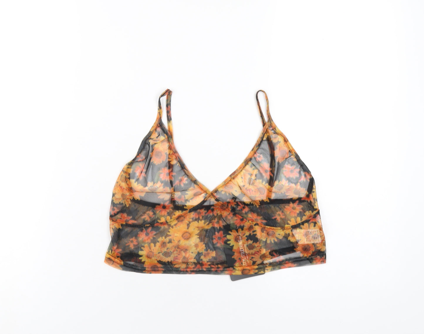 PRETTYLITTLETHING Womens Orange Floral Polyester Cropped T-Shirt Size 14 V-Neck