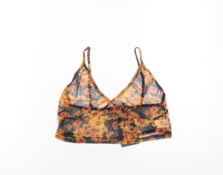 PRETTYLITTLETHING Womens Orange Floral Polyester Cropped T-Shirt Size 14 V-Neck