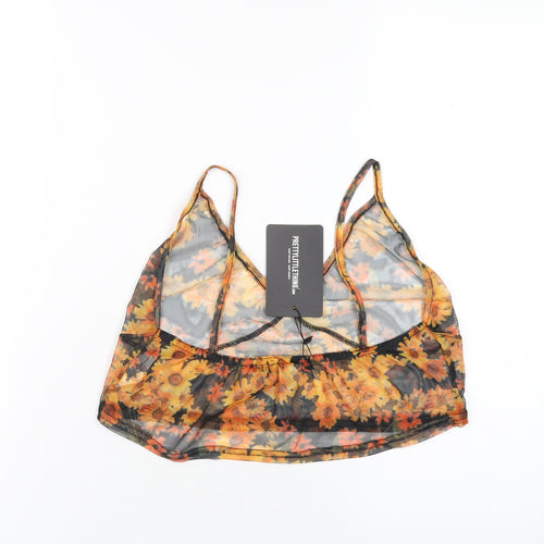 PRETTYLITTLETHING Womens Orange Floral Polyester Cropped T-Shirt Size 14 V-Neck