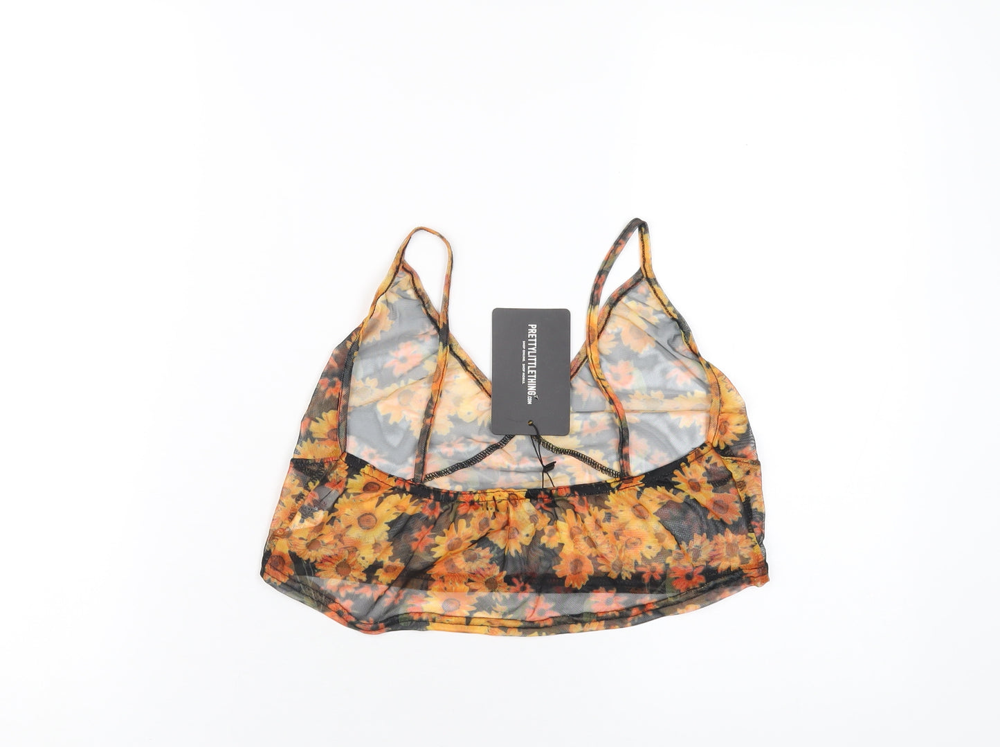 PRETTYLITTLETHING Womens Orange Floral Polyester Cropped T-Shirt Size 14 V-Neck