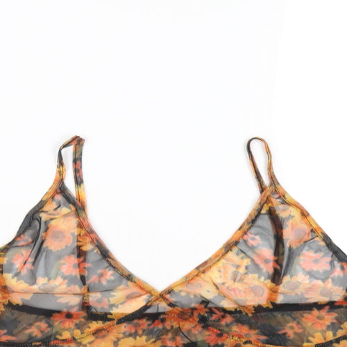 PRETTYLITTLETHING Womens Orange Floral Polyester Cropped T-Shirt Size 14 V-Neck