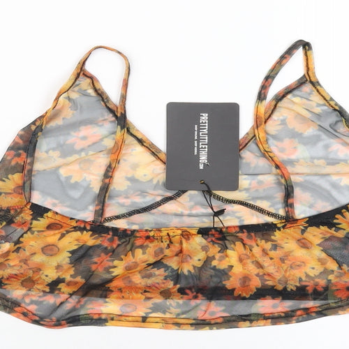 PRETTYLITTLETHING Womens Orange Floral Polyester Cropped T-Shirt Size 14 V-Neck