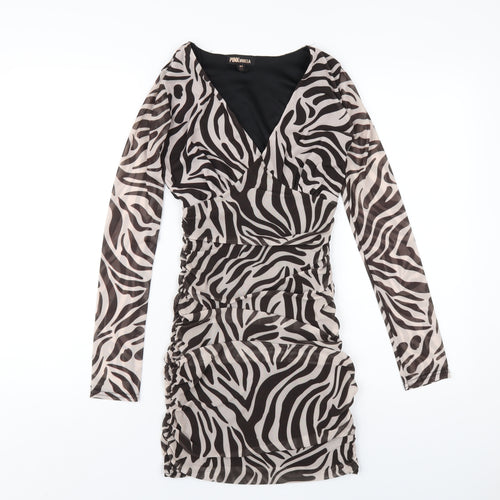 Pink Vanilla Womens Black Animal Print Polyester Bodycon Size 6 V-Neck Pullover - Zebra Print