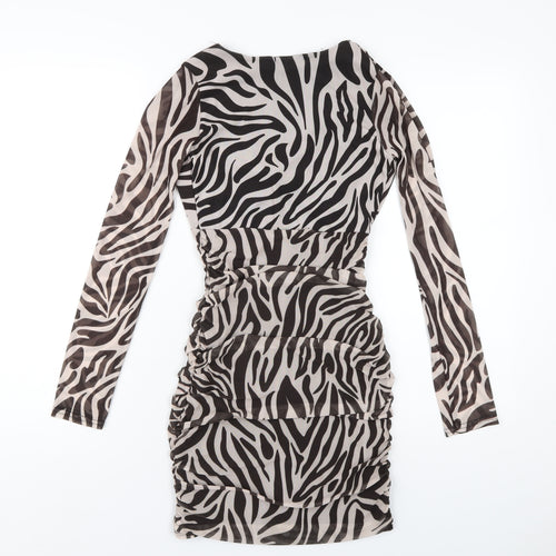 Pink Vanilla Womens Black Animal Print Polyester Bodycon Size 6 V-Neck Pullover - Zebra Print