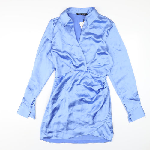 Zara Womens Blue Polyester Shirt Dress Size S Collared Zip