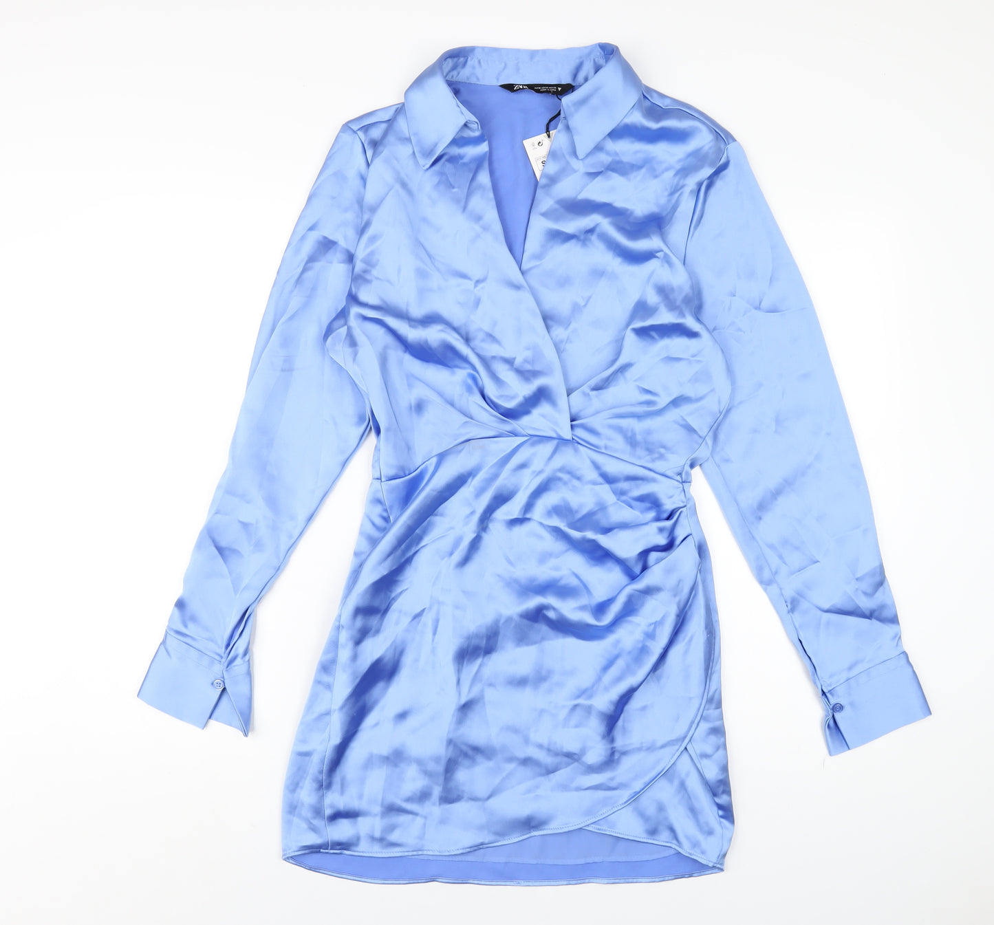 Zara Womens Blue Polyester Shirt Dress Size S Collared Zip