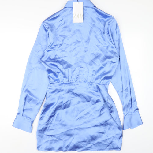 Zara Womens Blue Polyester Shirt Dress Size S Collared Zip