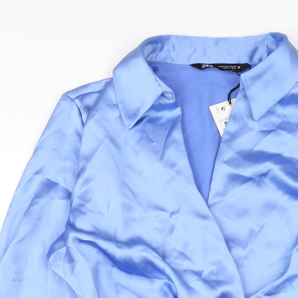 Zara Womens Blue Polyester Shirt Dress Size S Collared Zip