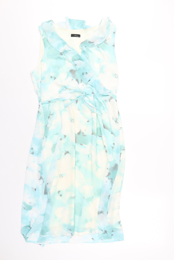 M&Co Womens Blue Floral Polyester A-Line Size 12 V-Neck Zip