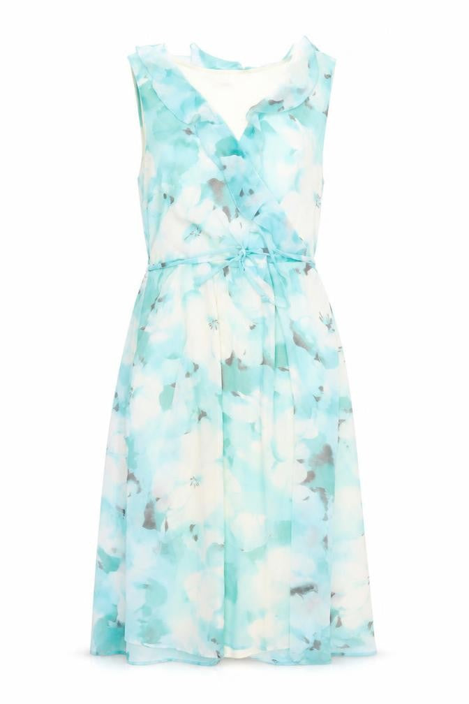 Front view of M&Co women’s blue floral polyester a-line, size UK 12, v-neck zip