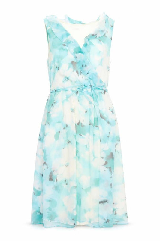 Front view of M&Co women’s blue floral polyester a-line, size UK 12, v-neck zip