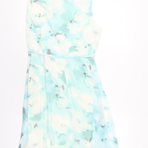 M&Co Womens Blue Floral Polyester A-Line Size 12 V-Neck Zip