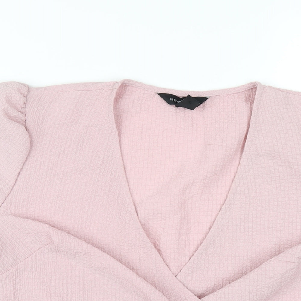 New Look Womens Pink Polyester Basic T-Shirt Size 10 V-Neck